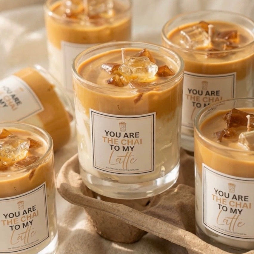 Chai iced latte candle with the label reading 'you are the chai to my latte'