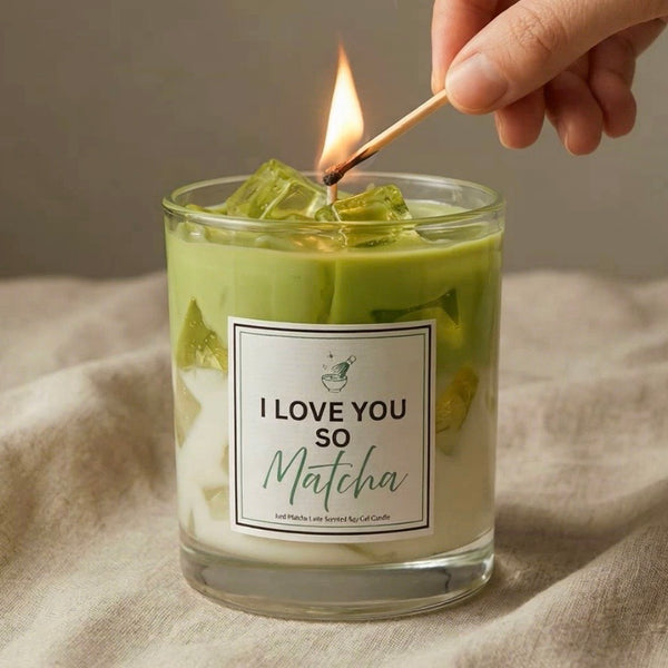 Matcha Iced latte looking candle with the label reading 'I love you so Matcha'